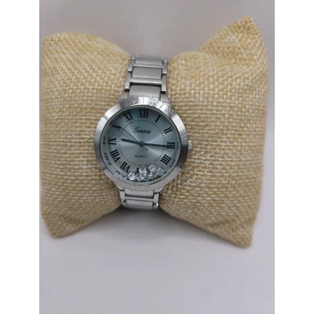 Geneva Women's Silver Tone Quartz Watch White Roman Numeral Dial Floating Crysta